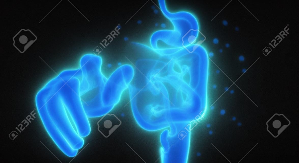 Homme sur fond sombre à l'aide de rayons X numériques de projection de balayage holographique de l'intestin humain rendu 3D