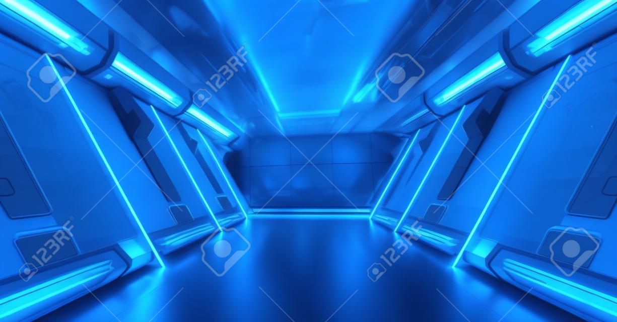 Interior da nave espacial azul com luzes de néon nas paredes do painel. Corredor moderno futurista no fundo da estação espacial.