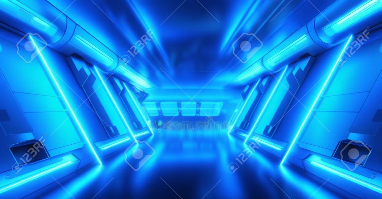 Blue spaceship interior with neon lights on panel walls. Futuristic modern corridor in space station background. 3d rendering
