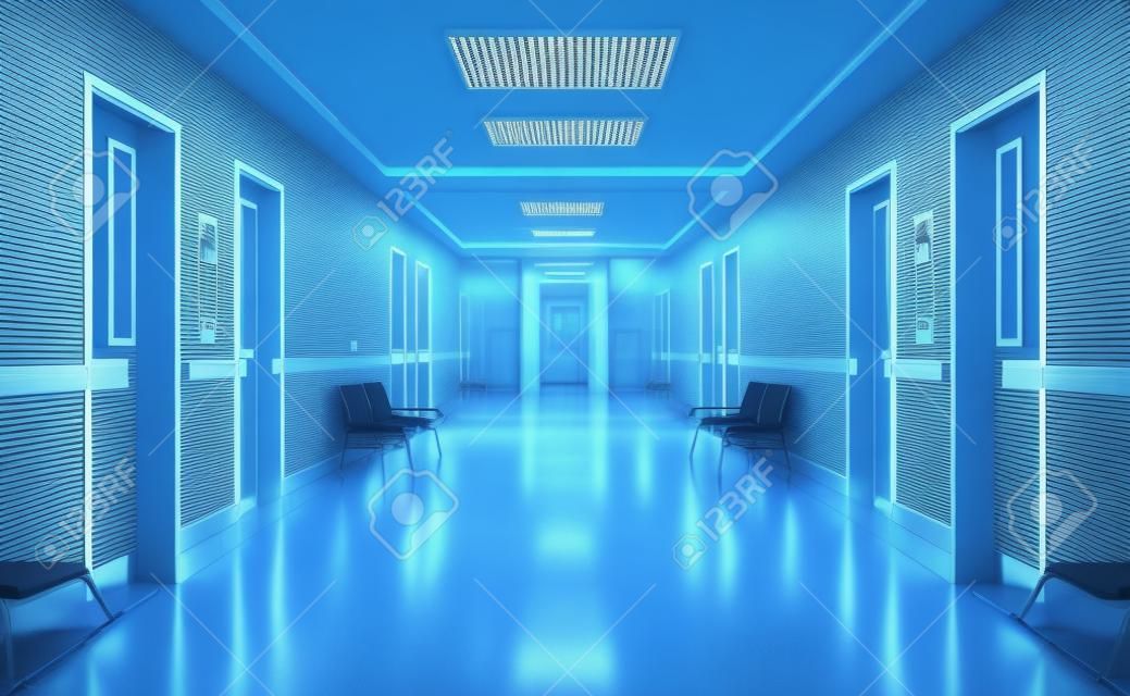 Corredor hospitalar escuro longo com quartos e assentos azuis renderização 3D. Acidente vazio e interior de emergência com luzes brilhantes iluminando o salão do teto
