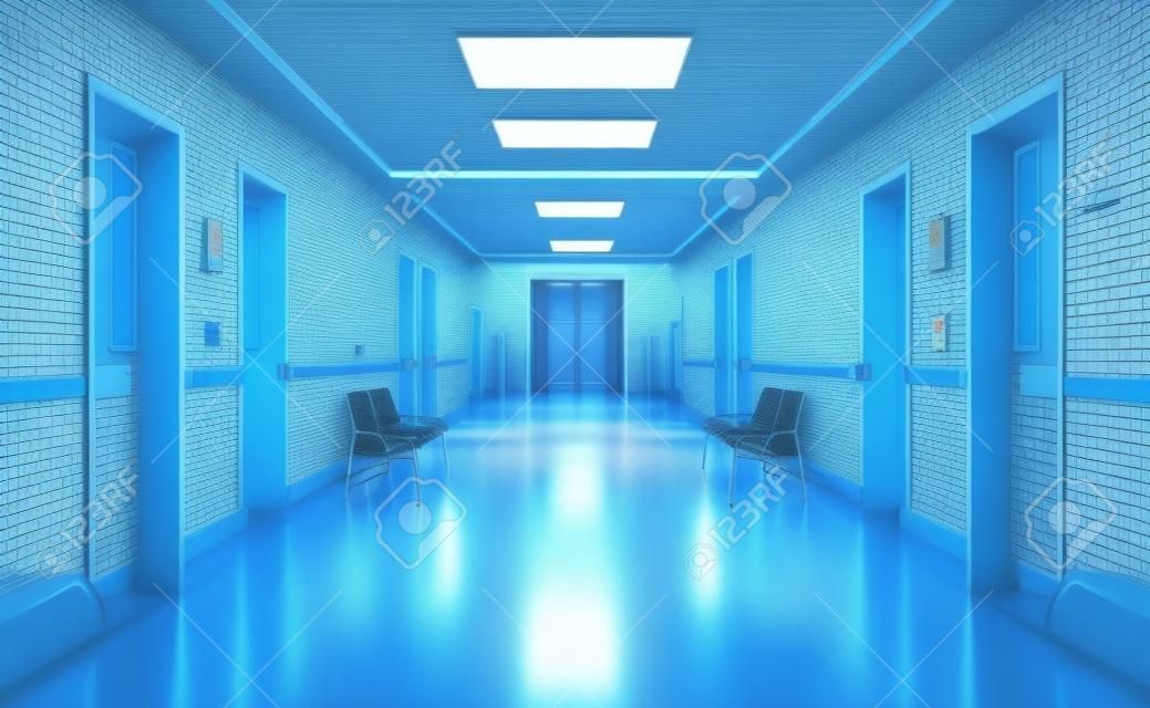 Długi ciemny korytarz szpitalny z pokojami i niebieskimi siedzeniami renderowania 3d. puste wnętrze awaryjne i awaryjne z jasnymi światłami oświetlającymi hol z sufitu