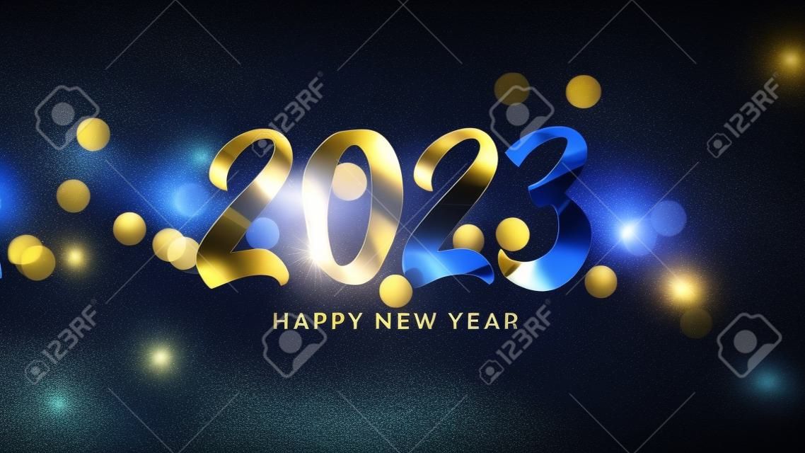 2023 greetings with golden effect. Shiny Happy new year text on dark blue for background, graphic design, banner, illustration, poster. 3D rendering