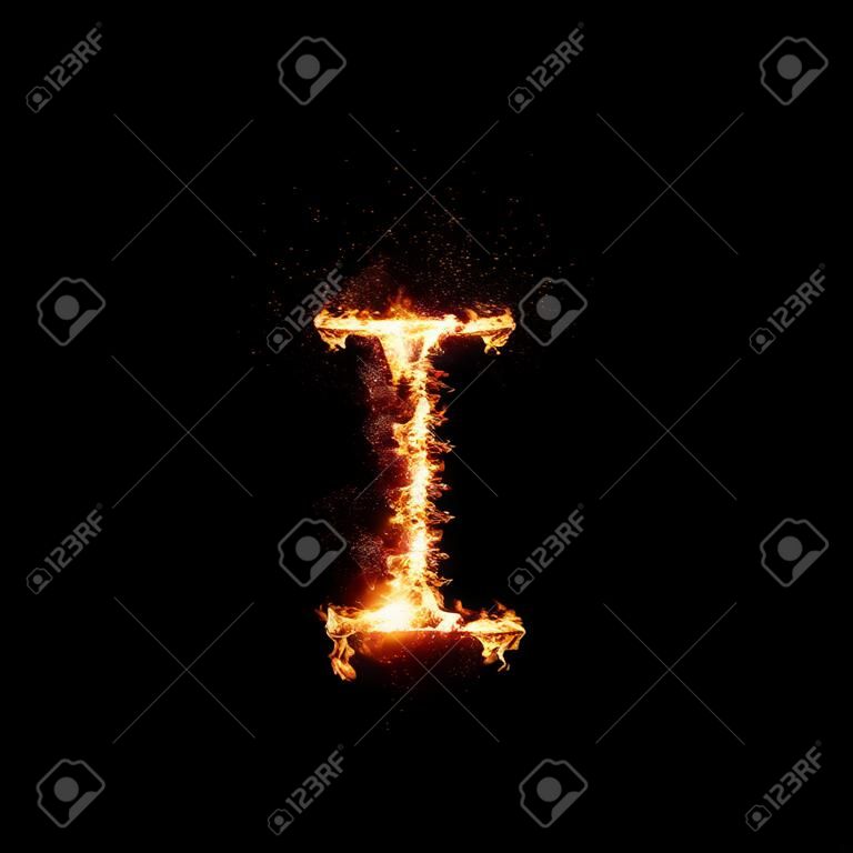 Litera i płonąca w ogniu, sztuka cyfrowa izolowana na czarnym tle, litera z zestawu alfabetu