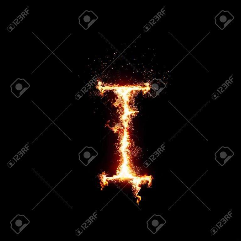 Litera i płonąca w ogniu, sztuka cyfrowa izolowana na czarnym tle, litera z zestawu alfabetu