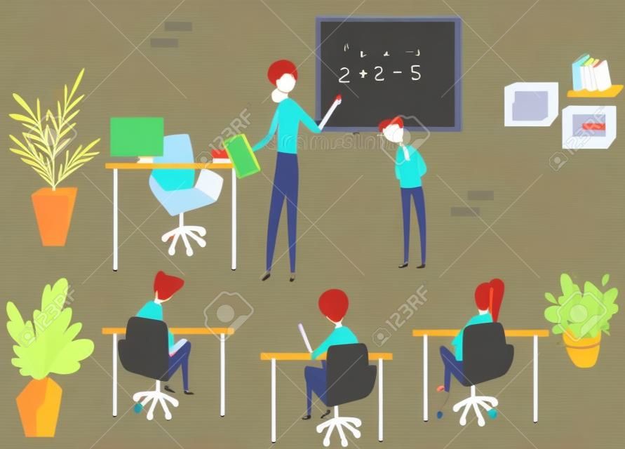 Female teacher character, student get knowledge, child dont know mathematics, math, classroom, book, flat vector illustration. Kid sit desk, school day, blackboard. Educational institution.