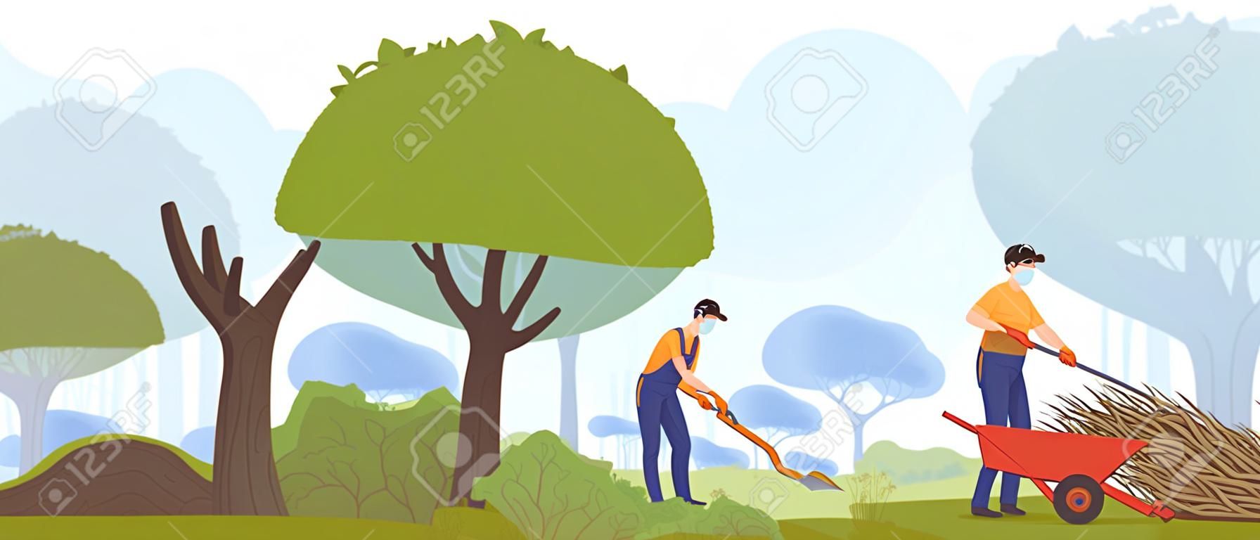 Illustrazione vettoriale di lavoro in giardino, lavoratori giardinieri piatti dei cartoni animati persone che lavorano con macchinari da giardinaggio, taglio di alberi verdi, cespugli di potatura