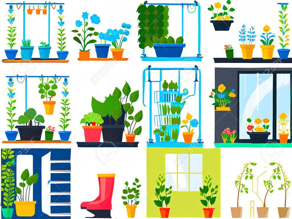 Fleurs plantes poussent dans la maison balcon jardin vector illustration set, dessin animé plat urbain maison jardinage collection de verdure