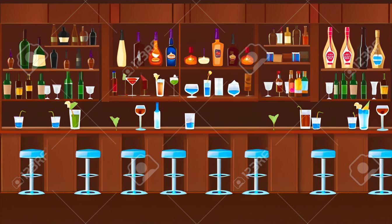 Comptoir de bar, cocktail de boisson, verre d'alcool, intérieur de vacances, fond en bois, design, illustration vectorielle de style plat.