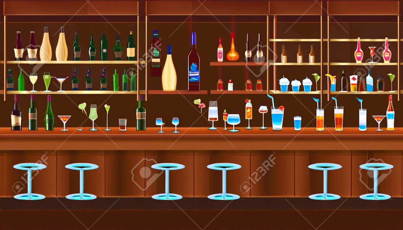 Comptoir de bar, cocktail de boisson, verre d'alcool, intérieur de vacances, fond en bois, design, illustration vectorielle de style plat.