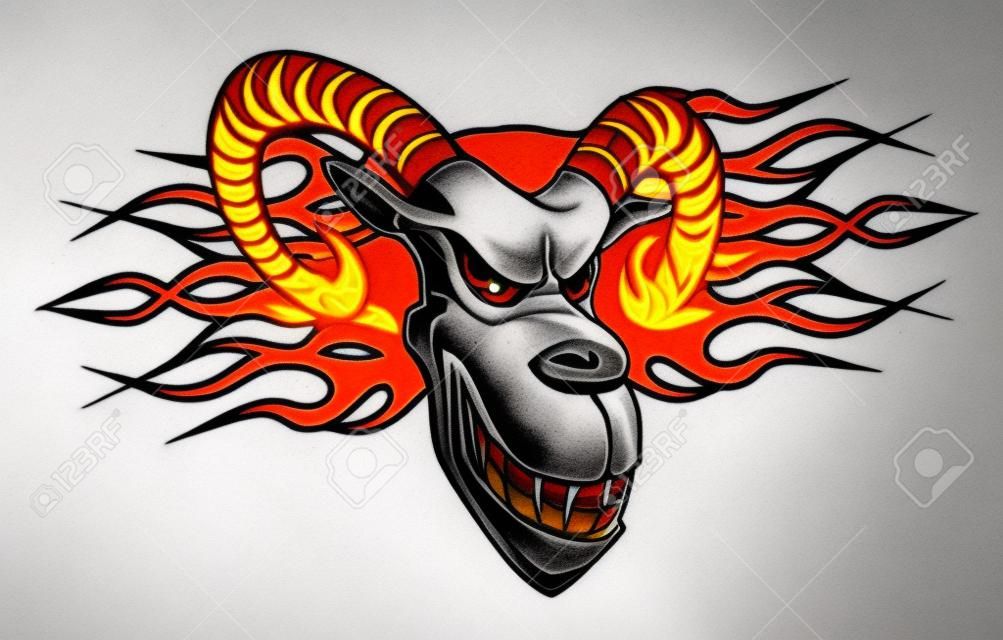Angry goat with fire flames for tattoo design