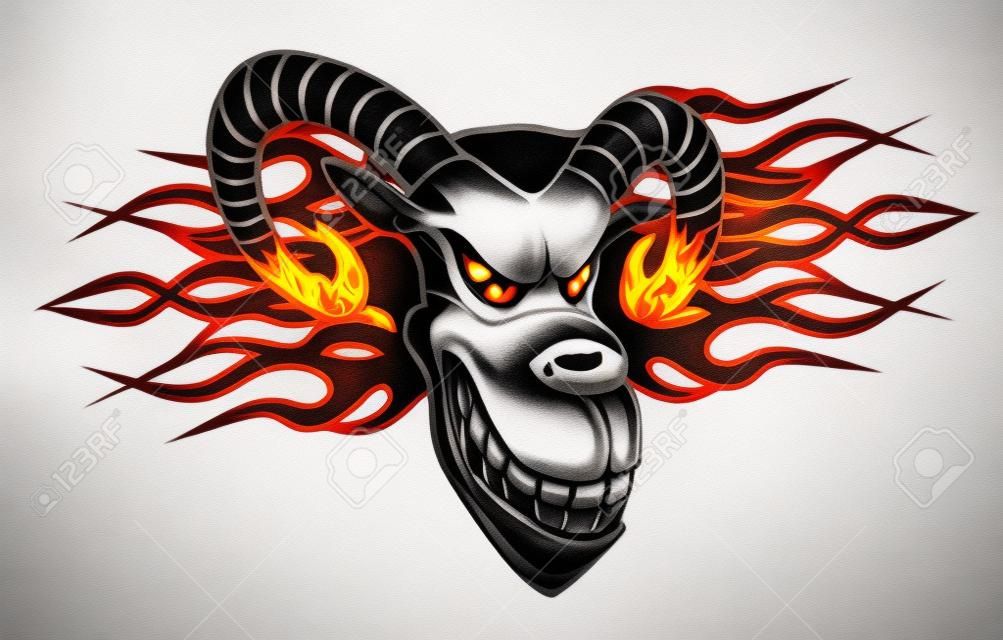 Cabra enojada con llamas de fuego para el diseño de tatuaje