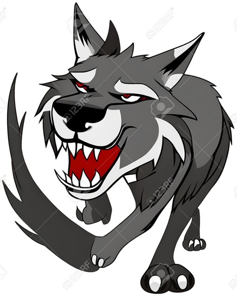만화 스타일에서 야생 위험 회색 늑대는 흰색에 고립