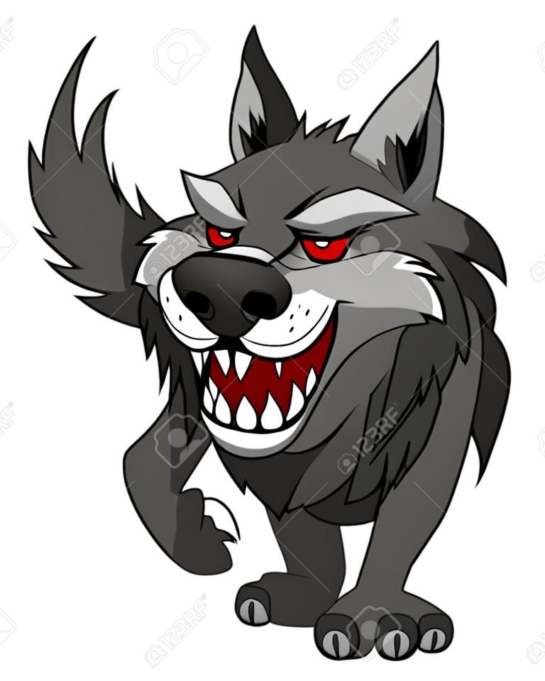 만화 스타일에서 야생 위험 회색 늑대는 흰색에 고립