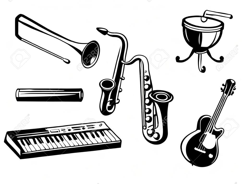 Ensemble d'instruments de musique dans le style silhouette pour la conception de divertissement