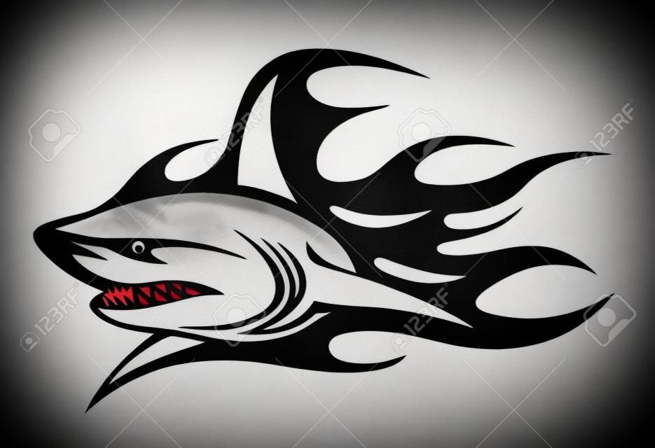 憤怒的鯊魚與黑色火焰的紋身設計