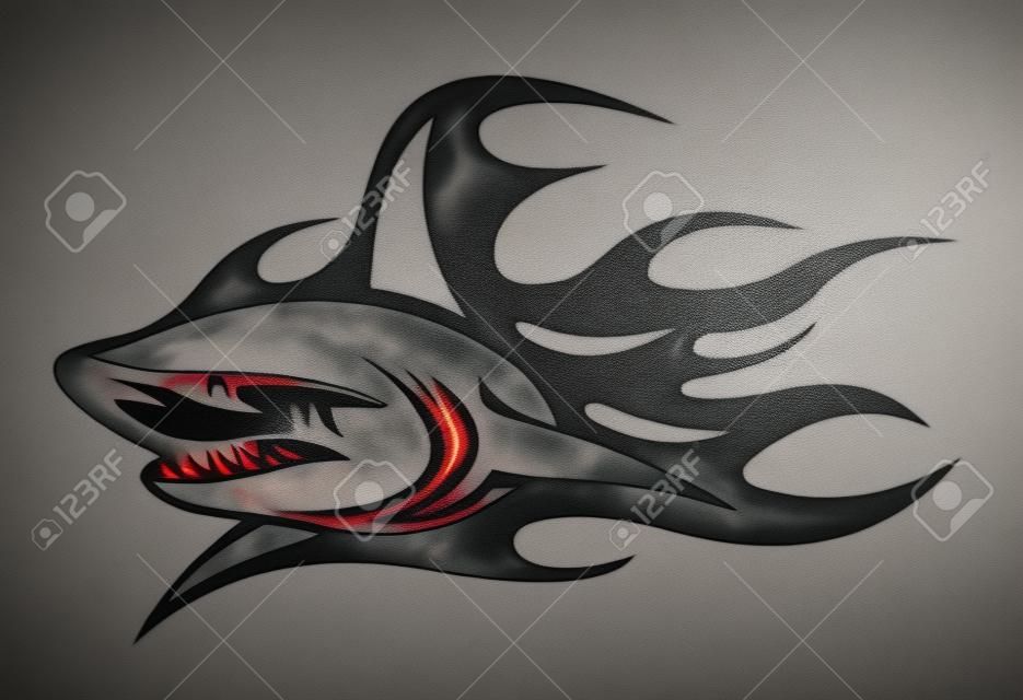 Tiburón enojado con llamas negras para el diseño del tatuaje