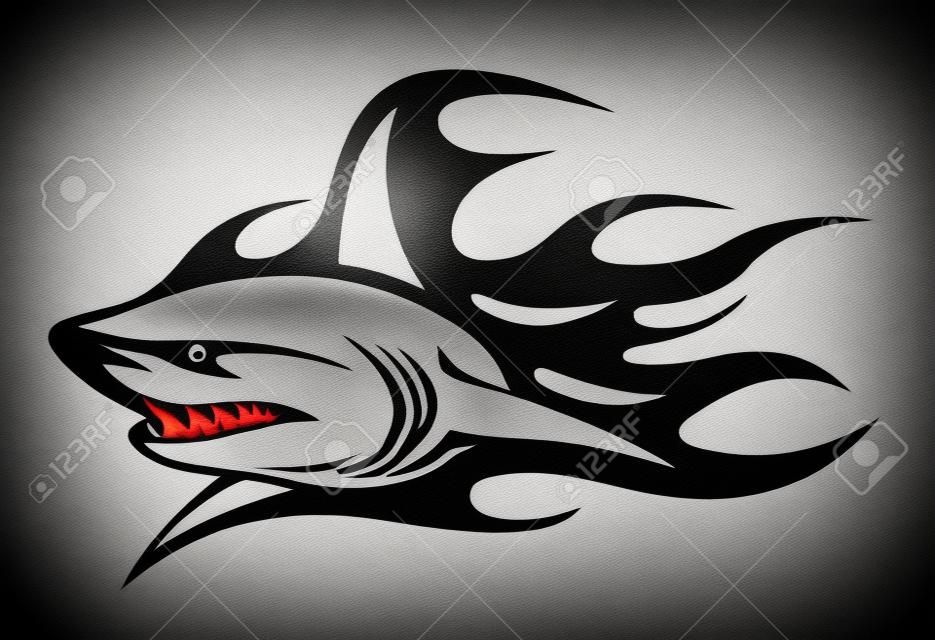 憤怒的鯊魚與黑色火焰的紋身設計