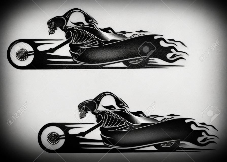 Death monster on motorcycle for biker and racer tattoo design