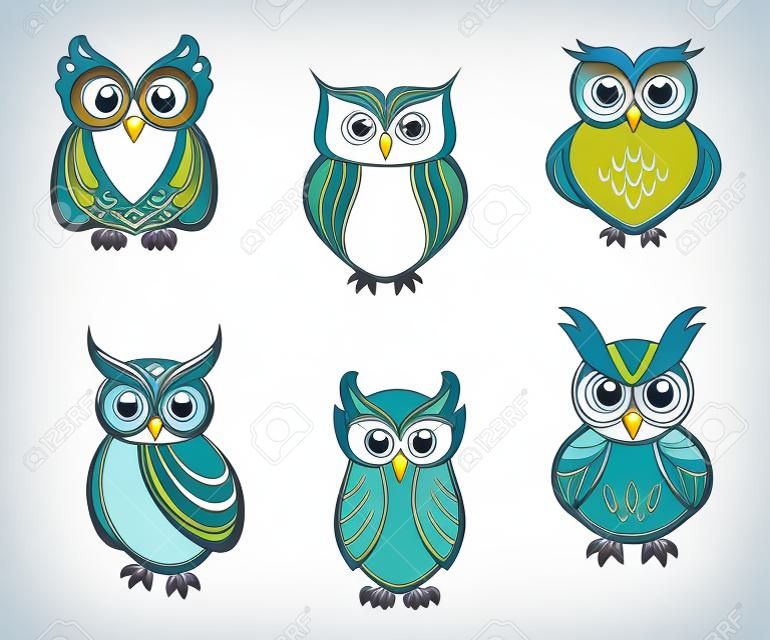 Set of cartoon owls for wisdom or education concept design. All birds are isolated on white background