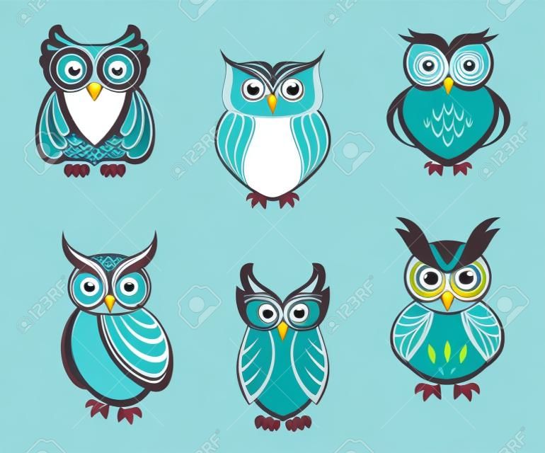 Set of cartoon owls for wisdom or education concept design. All birds are isolated on white background