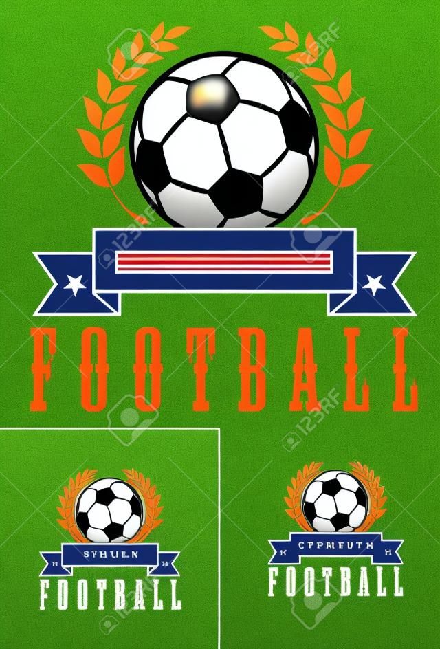 Conjunto de fútbol o de fútbol emblemas con una corona foliar que encierra un balón de fútbol sobre una bandera de la cinta en blanco sobre la palabra fútbol en tres variaciones de color
