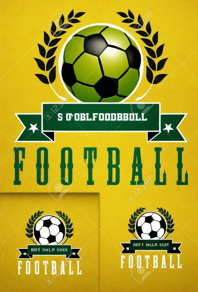 Conjunto de fútbol o de fútbol emblemas con una corona foliar que encierra un balón de fútbol sobre una bandera de la cinta en blanco sobre la palabra fútbol en tres variaciones de color