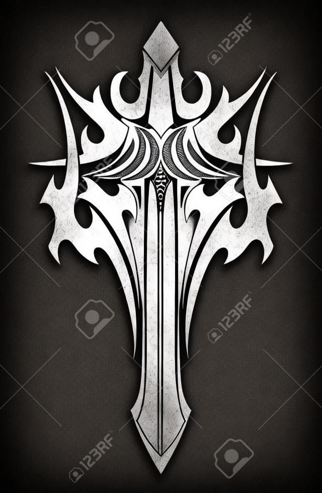 Zwarte en witte tribale illustratie van een sierlijk gevleugeld zwaard met een gestileerde handgreep en scherp mes voor tatoeage ontwerp