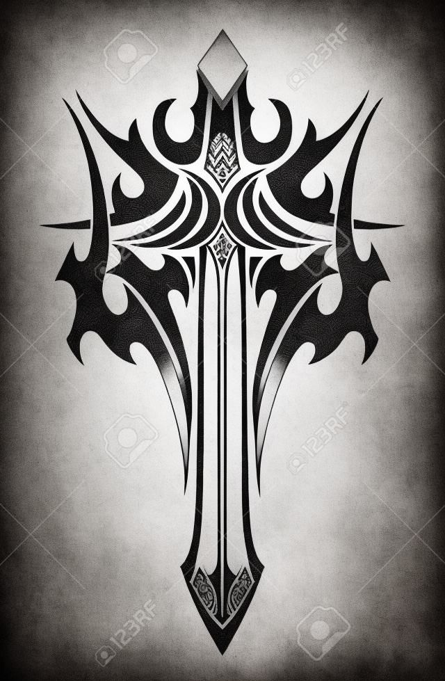 Zwarte en witte tribale illustratie van een sierlijk gevleugeld zwaard met een gestileerde handgreep en scherp mes voor tatoeage ontwerp
