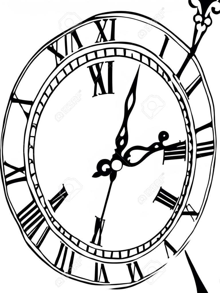 La cara de reloj blanco y negro con números romanos y las manos enrollados adornado de la vendimia
