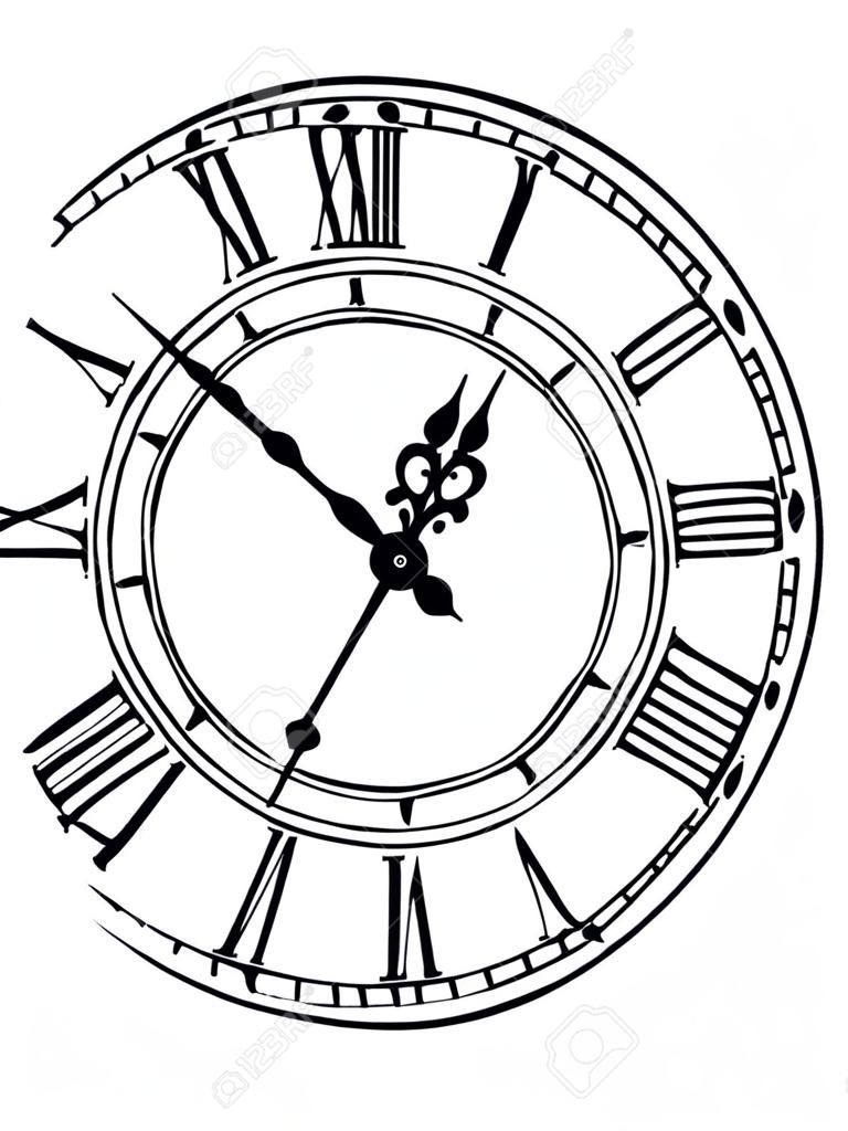 La cara de reloj blanco y negro con números romanos y las manos enrollados adornado de la vendimia