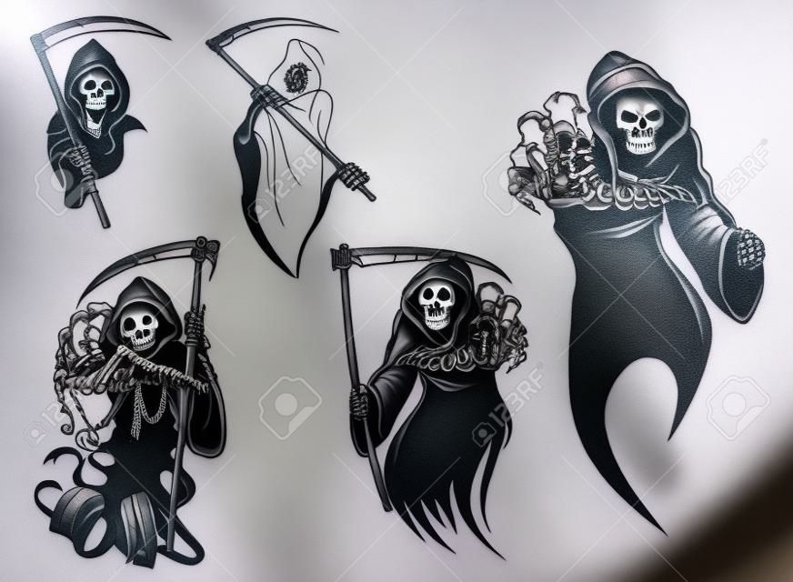Personagens esqueleto morte com e sem foice, adequado para Halloween e design de tatuagem