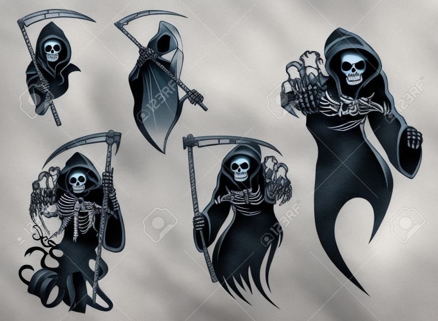 Doodskelet karakters met en zonder zeis, geschikt voor Halloween en tatoeage ontwerp