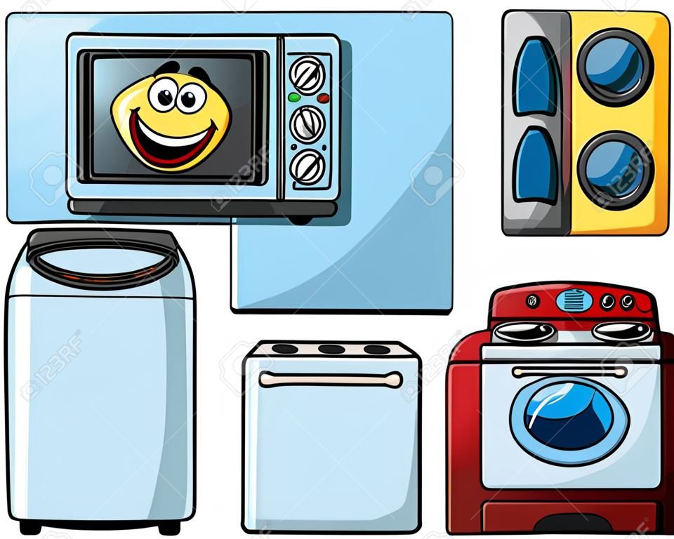 Cartoon household appliances set with microwave, TV, vacuum cleaner, refrigerator, oven and washing machine