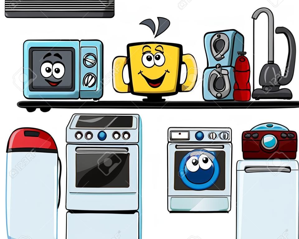 Aparelhos domésticos de desenho animado com microondas, TV, aspirador de pó, geladeira, forno e máquina de lavar roupa