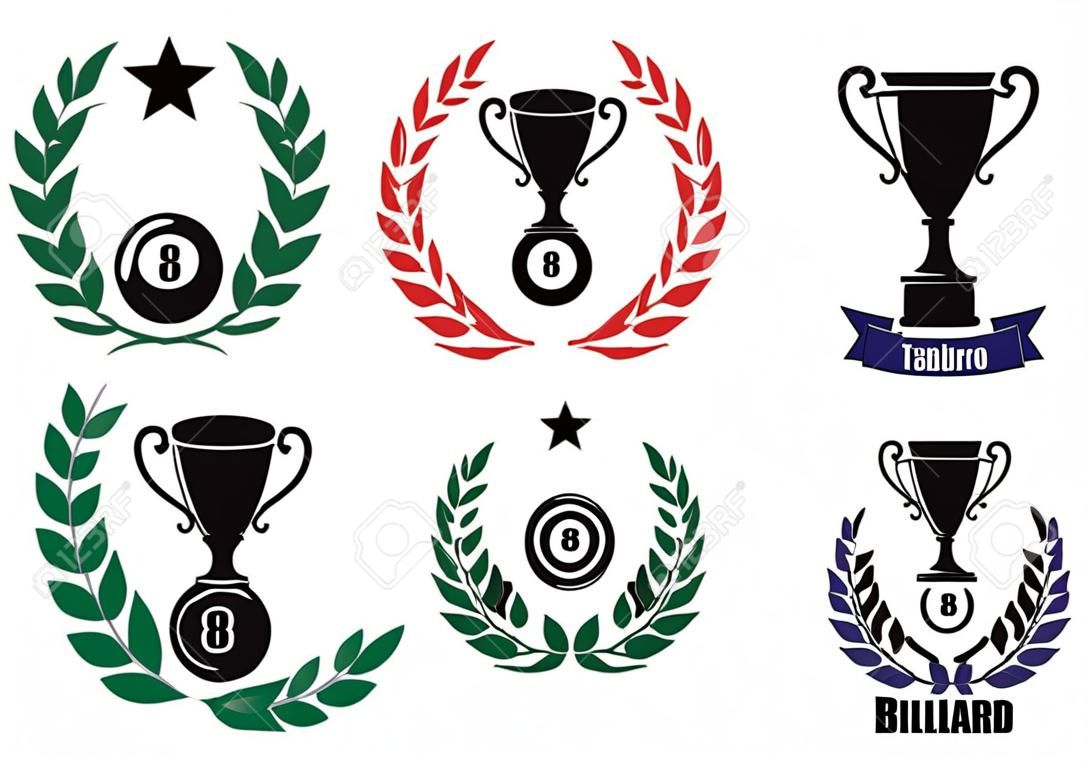 Billiard trophy cup emblem or symbol with ball and laurel wreath, for sport and leisure heraldry design