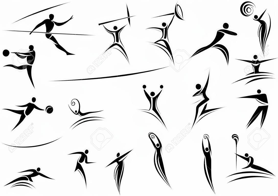 Conjunto de iconos de dibujo de línea de dibujo deportivo que representan los hombres en acción en una amplia variedad de deportes en blanco y negro
