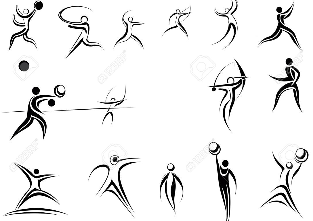 Conjunto de iconos de dibujo de línea de dibujo deportivo que representan los hombres en acción en una amplia variedad de deportes en blanco y negro