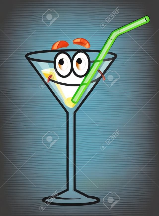 Мультфильм счастливым коктейль характер с соломенной, лица, улыбающийся рот и глаза