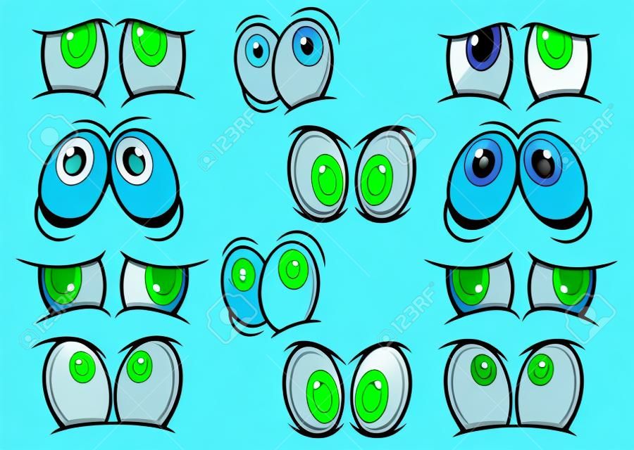 藍色和綠色眼睛的卡通表達了各種不同的情緒隔絕在白色的漫畫設計