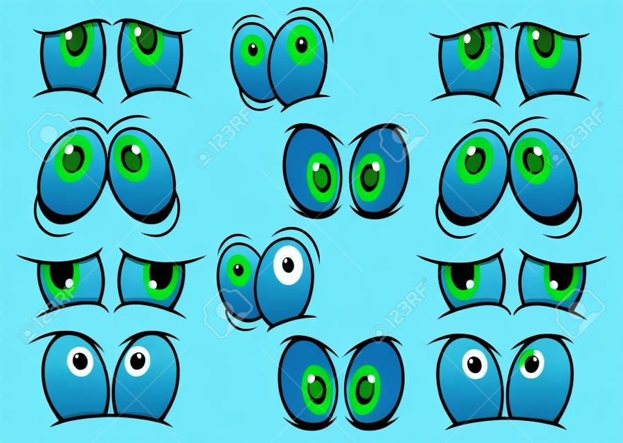 藍色和綠色眼睛的卡通表達了各種不同的情緒隔絕在白色的漫畫設計