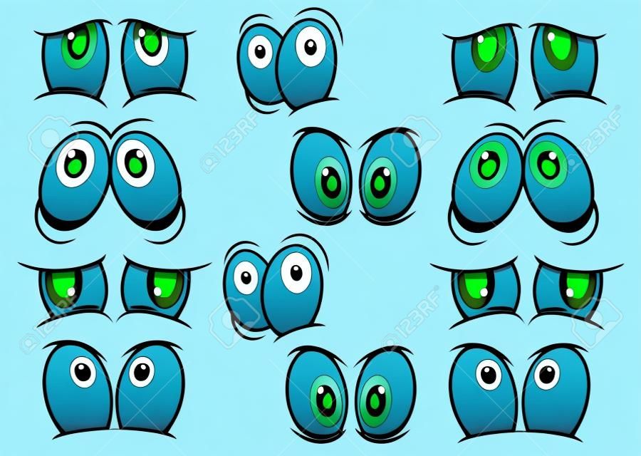 Cartone animato occhi azzurri e verdi che esprimono una varietà di emozioni diverse isolato su bianco per il design di fumetti