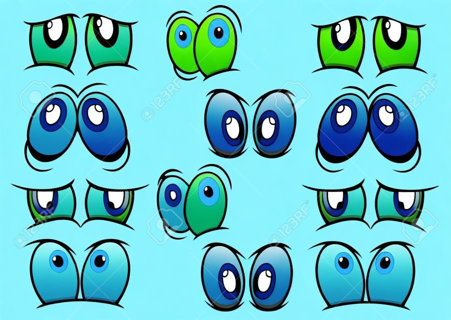 Kék és zöld rajzfilm szemek kifejezésére különféle érzelmek elszigetelt fehér képregények tervezési