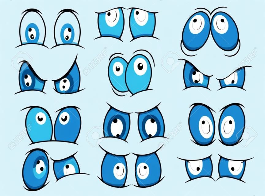 Grande insieme di persone cartone animato occhi raffigurante una varietà di espressioni di rabbia, tristezza, sorpresa e felicità con iridi blu, illustrazione vettoriale su bianco