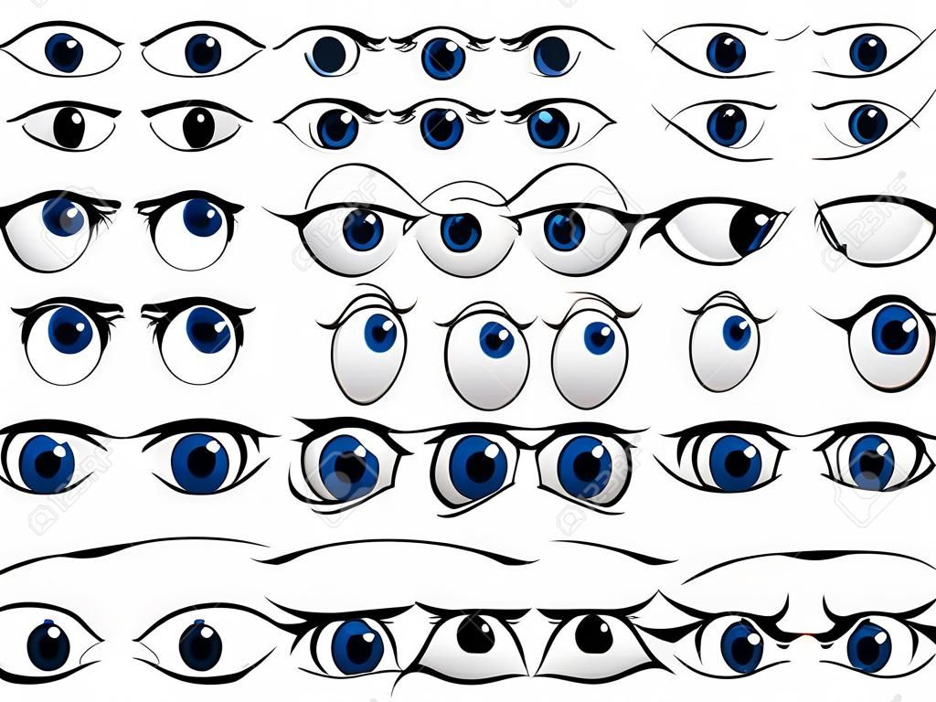 Grote set van mensen cartoon ogen afbeelding van een verscheidenheid van uitdrukkingen met woede, verdriet, verrassing en geluk met blauwe irissen, vector illustratie op wit
