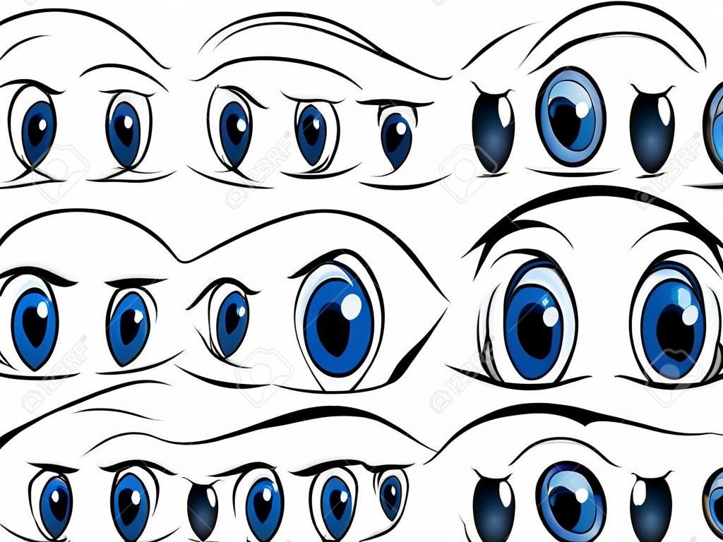 Duży zestaw ludzi cartoon oczy przedstawiających różne wyrazy z gniewu, smutku, zaskoczenia i radości z niebieskich irysów, ilustracji wektorowych na białym tle
