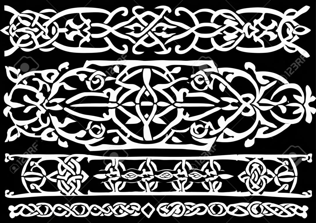 Witte bloemen en keltische ornamenten of randen op zwarte achtergrond voor vintage en decoratie ontwerp
