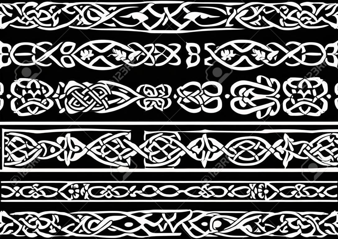Witte bloemen en keltische ornamenten of randen op zwarte achtergrond voor vintage en decoratie ontwerp