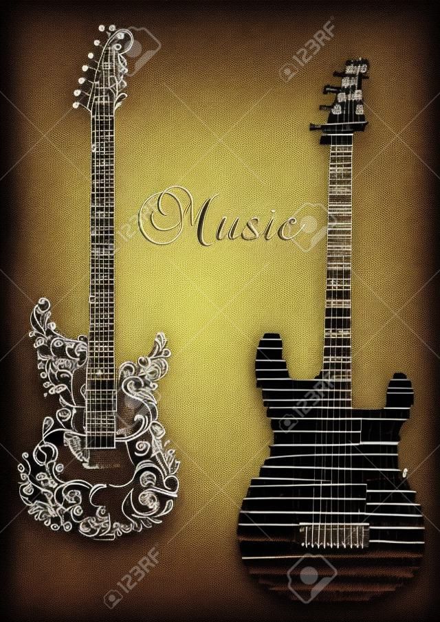 Guitarras clássicas com palavras e notas musicais e texto Música para design de arte