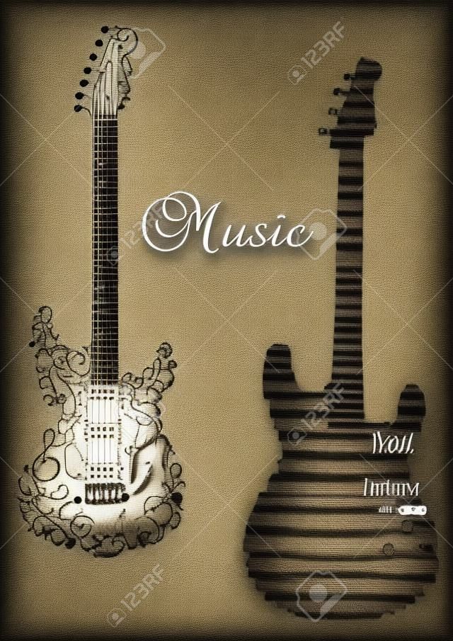 Classic guitars with words and musical notes and text Music for art design