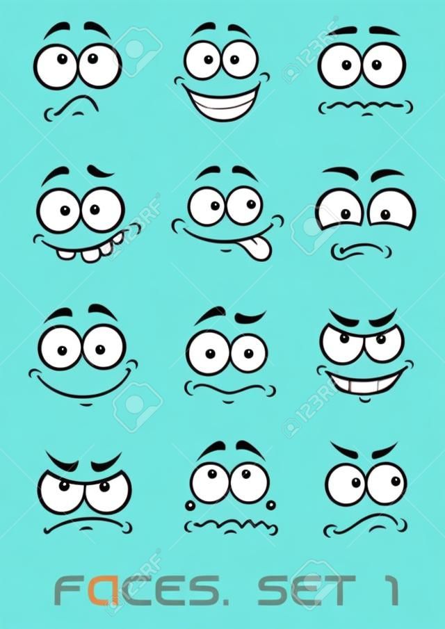 Cartoon Gesichter mit verschiedenen Emotionen wie Freude, freudig, Comics, überrascht, traurig und Spaß